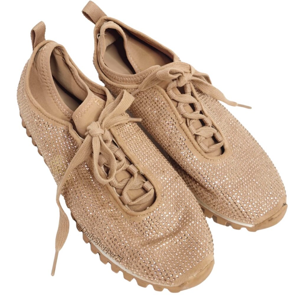 BCBG Women's Lynn Beige Tan Rhinestone Sneakers - Size 7.5